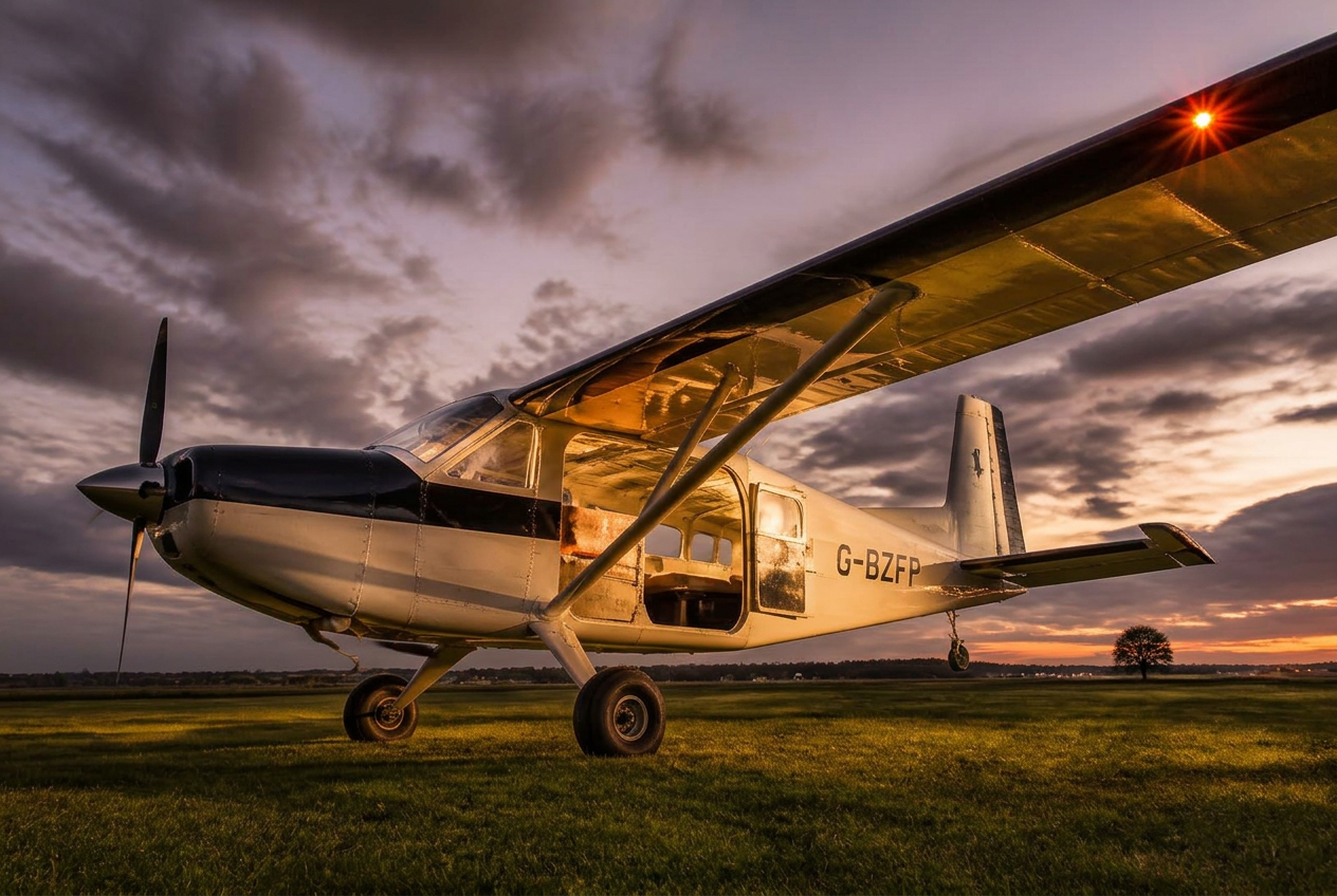 A high wing single engine parachute operations aircraft on the grass at dusk