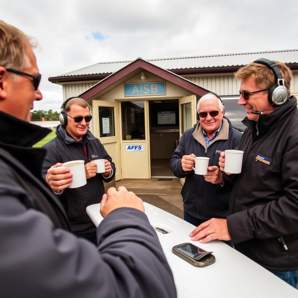 Pilots with mugs of coffee outside the Vale Airfield clubhouse
