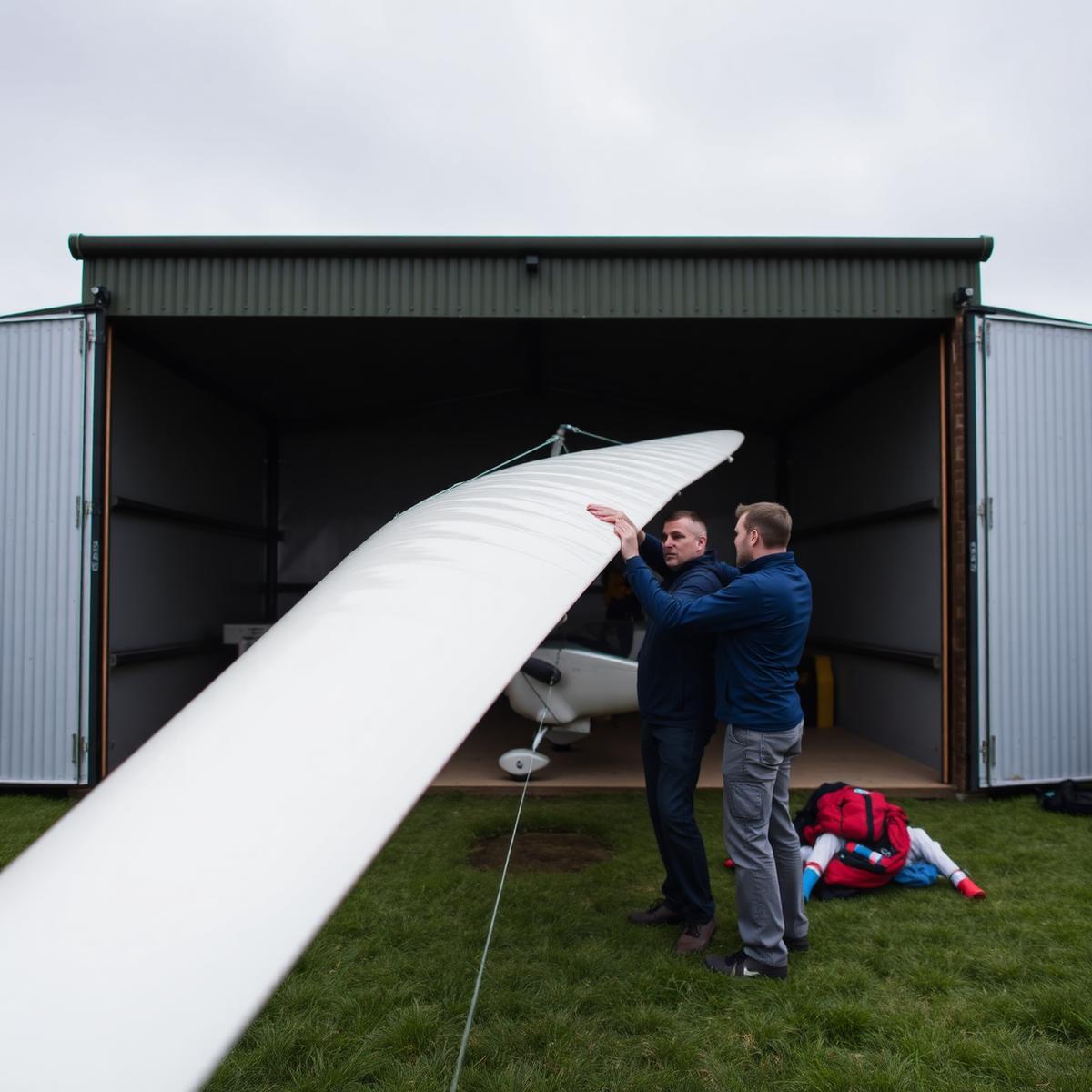 Club members rigging a glider wing outside the hangar